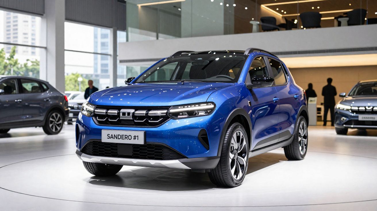 Coche azul Dacia Sandero exhibido en salón del automóvil con luces y personas al fondo.