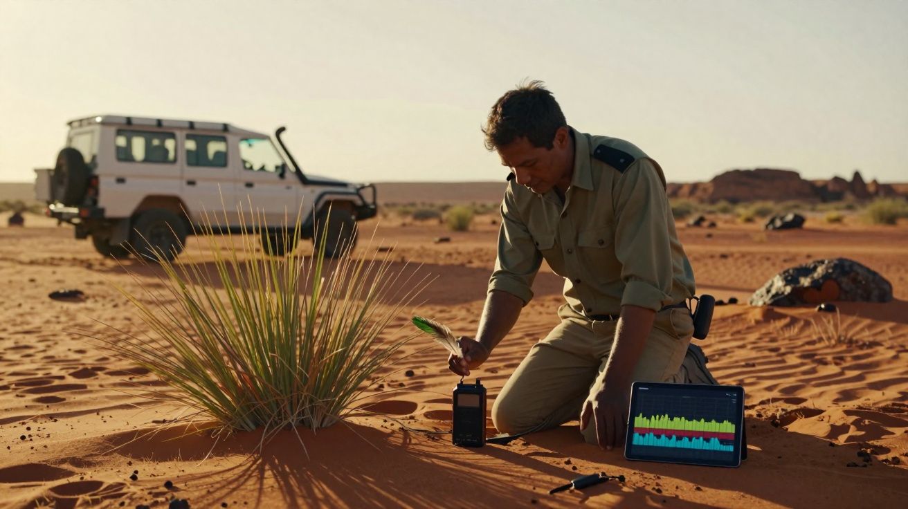 Hombre con uniforme verde analiza una planta en el desierto usando dispositivos electrónicos, con vehículo blanco al fondo.