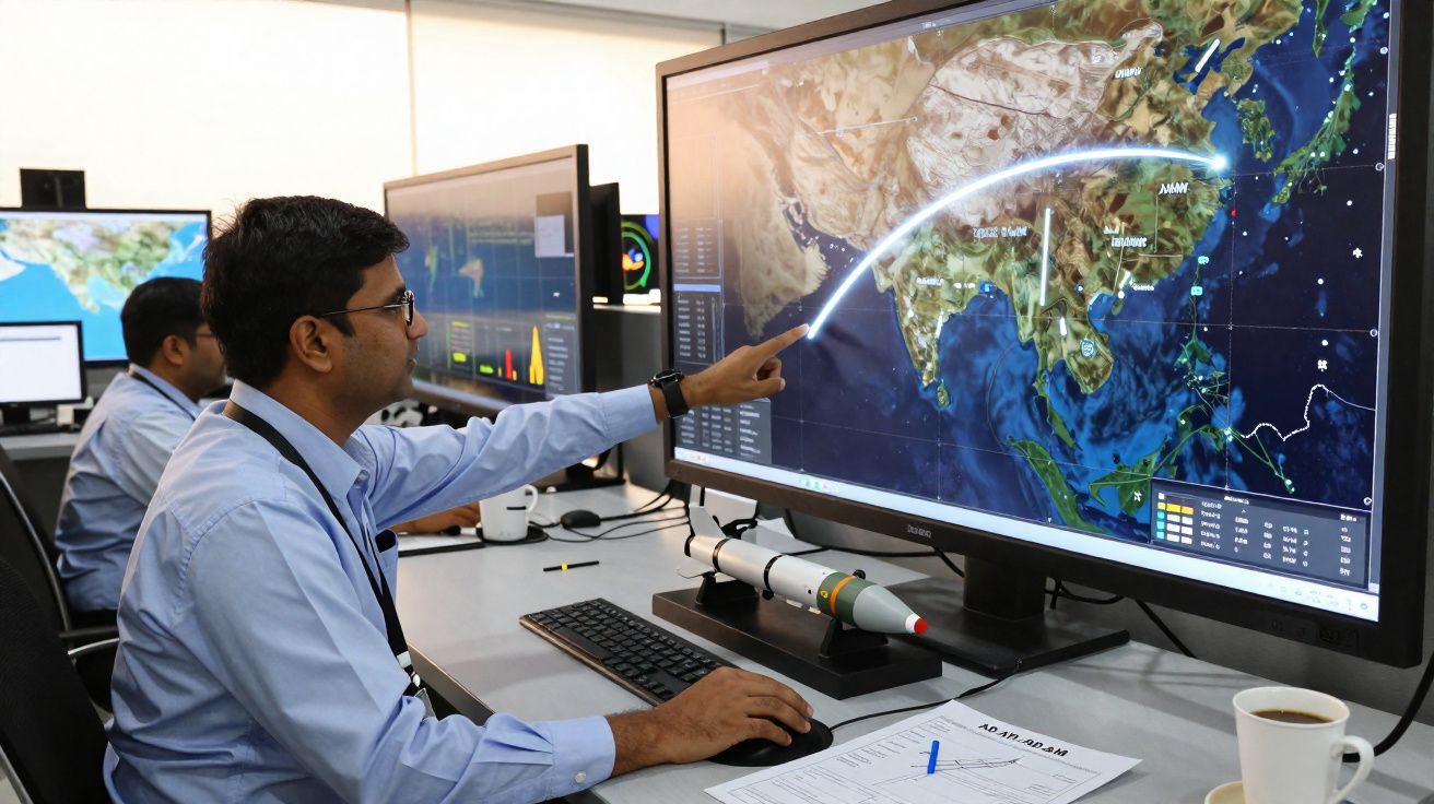 Hombre señalando un mapa digital en una pantalla grande con gráficos y datos en una oficina moderna.