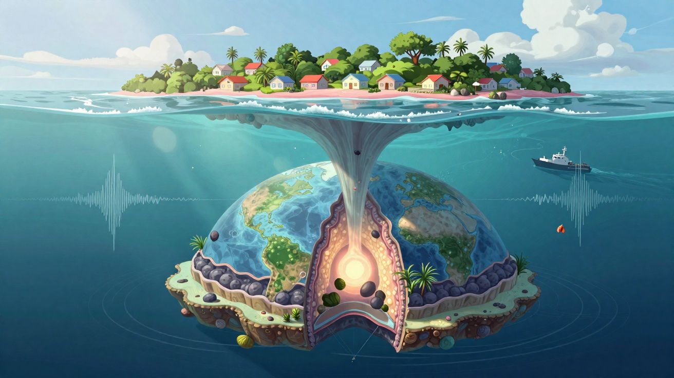 Isla con casas sobre una tierra que representa la Tierra cortada, mostrando su interior y un remolino hacia arriba.