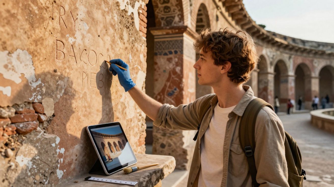 Joven investigando inscripciones antiguas en muro de ruinas romanas con tablet y guantes azules.