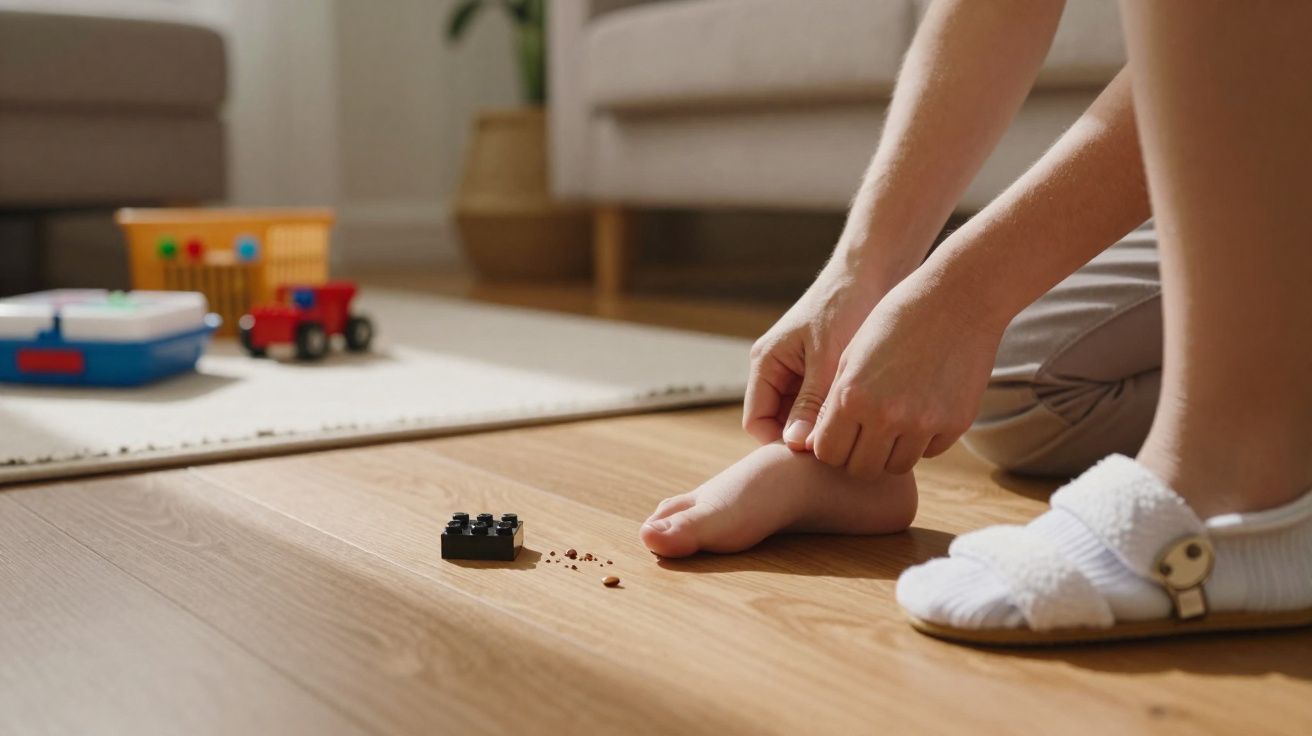 Un niño sentado en el suelo tocándose el tobillo, con juguetes y una zapatilla blanca al lado.
