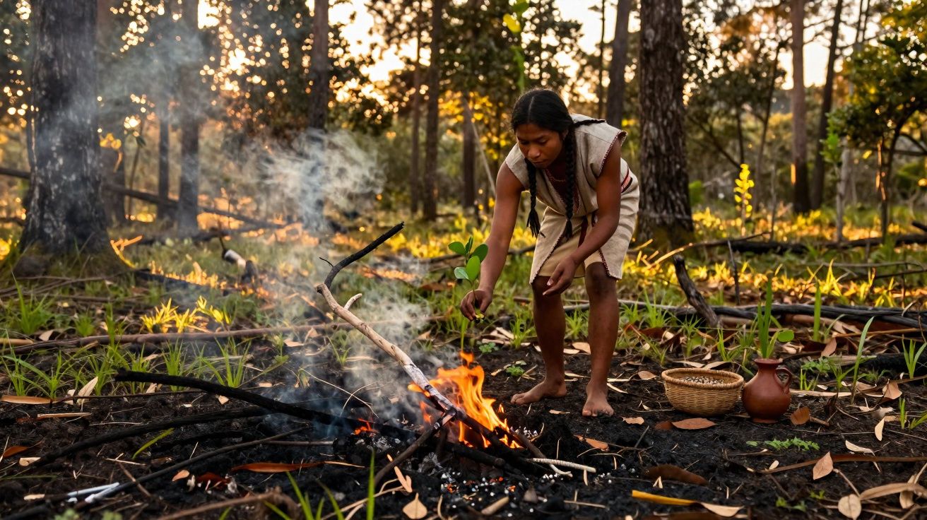 Mujer indígena encendiendo fuego en el suelo de un bosque al atardecer, con cestas y vasija junto a ella.