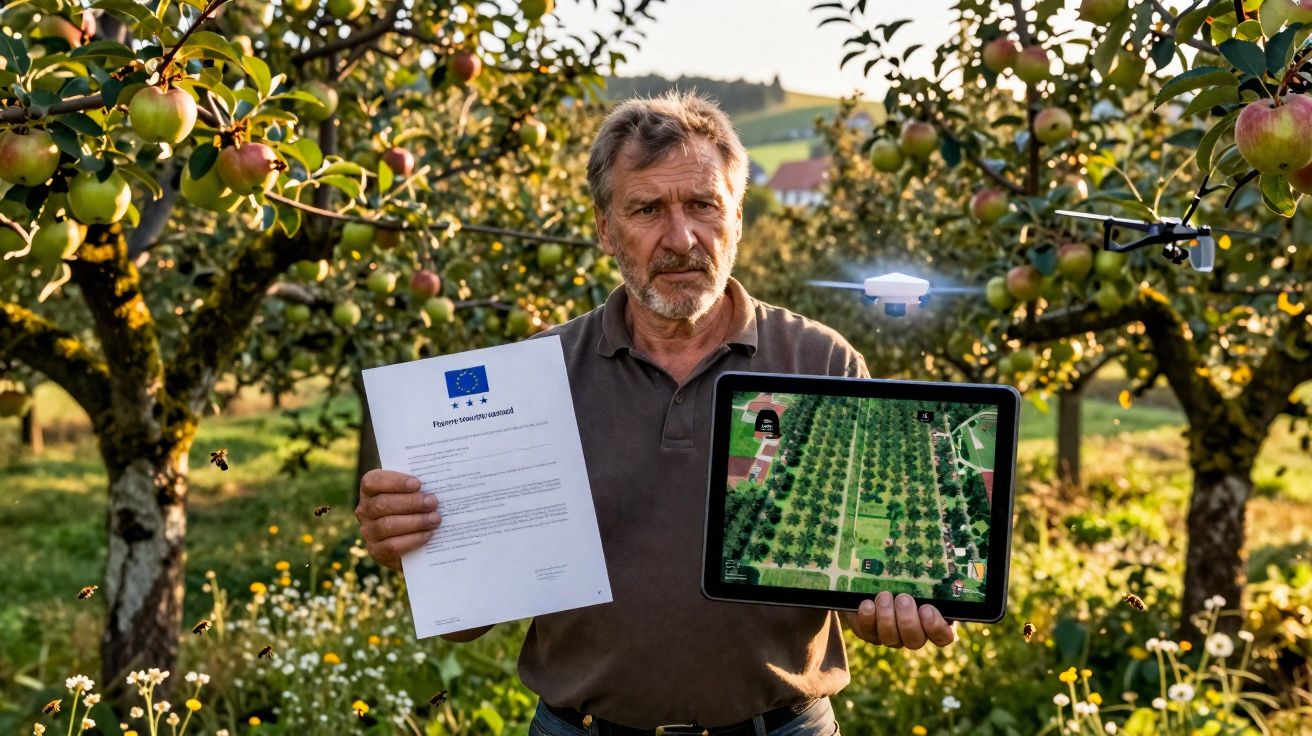 Hombre en huerto de manzanos muestra documento y tablet con imagen aérea, con dron volando cerca.