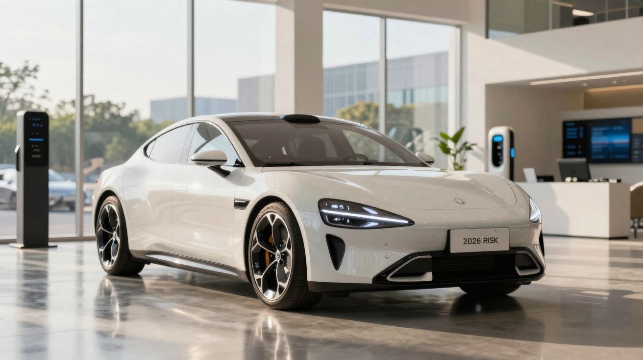 Coche eléctrico blanco moderno en exposición con cargadores eléctricos y edificio contemporáneo al fondo.