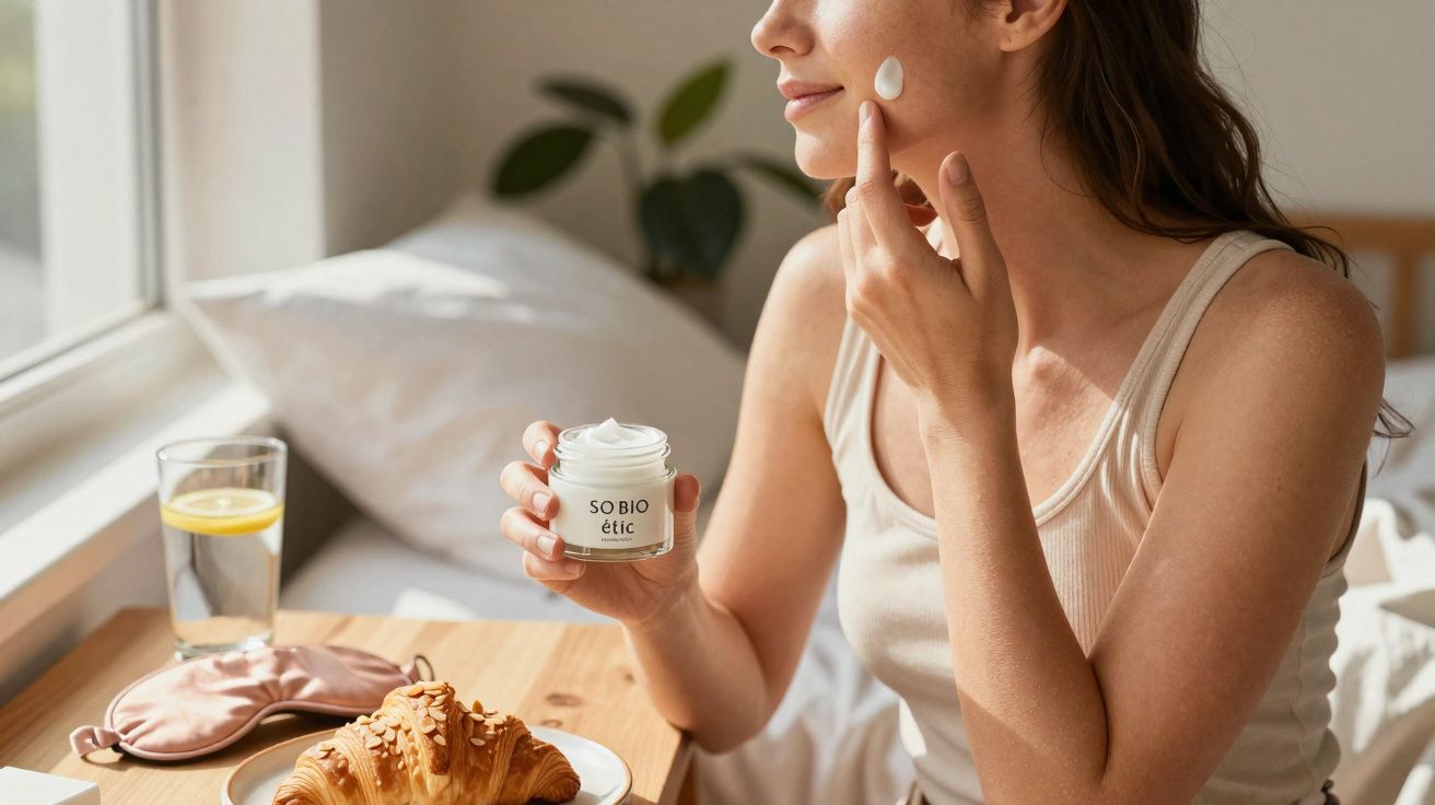 Mujer aplicándose crema hidratante en la cara junto a un desayuno con croissant y vaso de agua con limón.