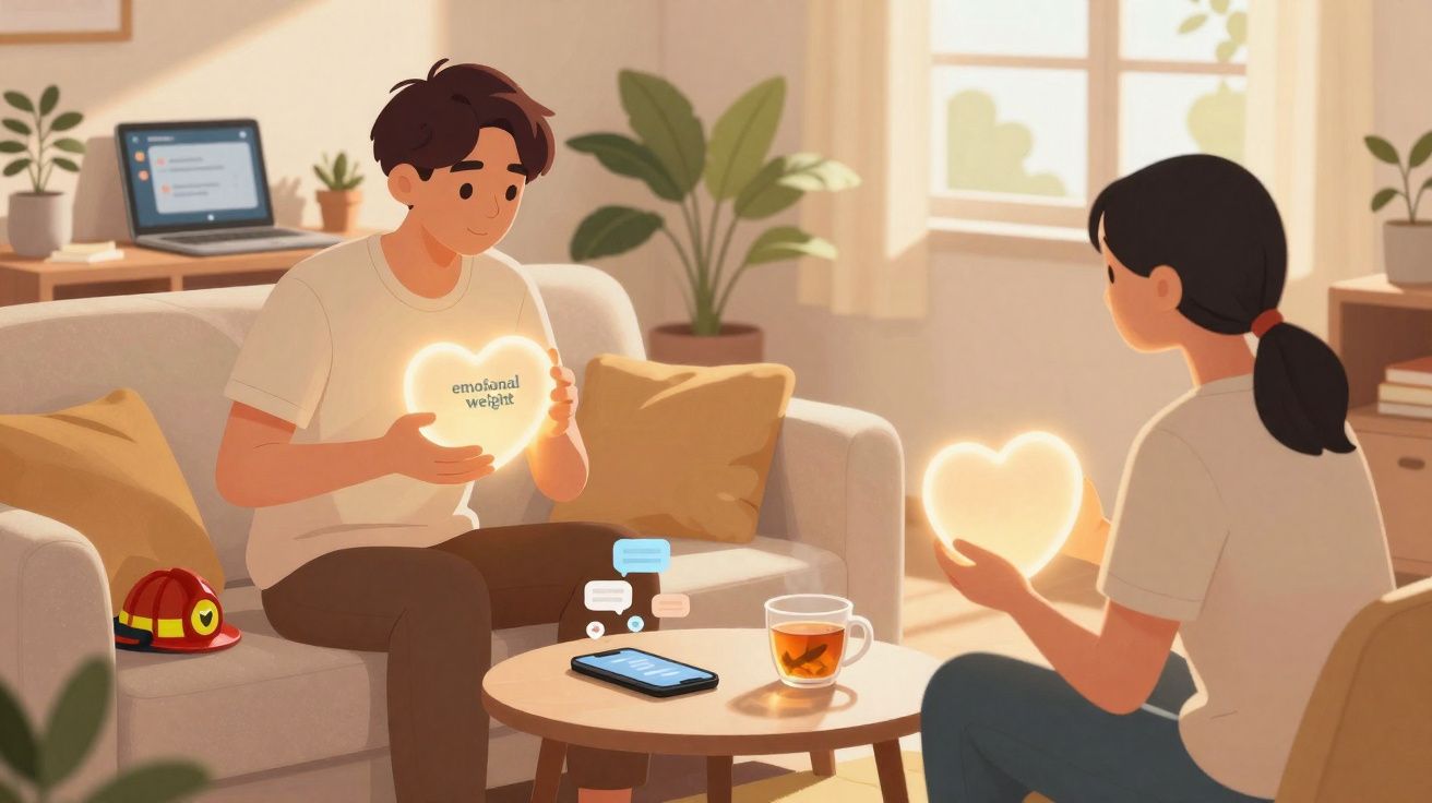 Dos personas en un salón conversando, sosteniendo corazones luminosos simbolizando apoyo emocional.