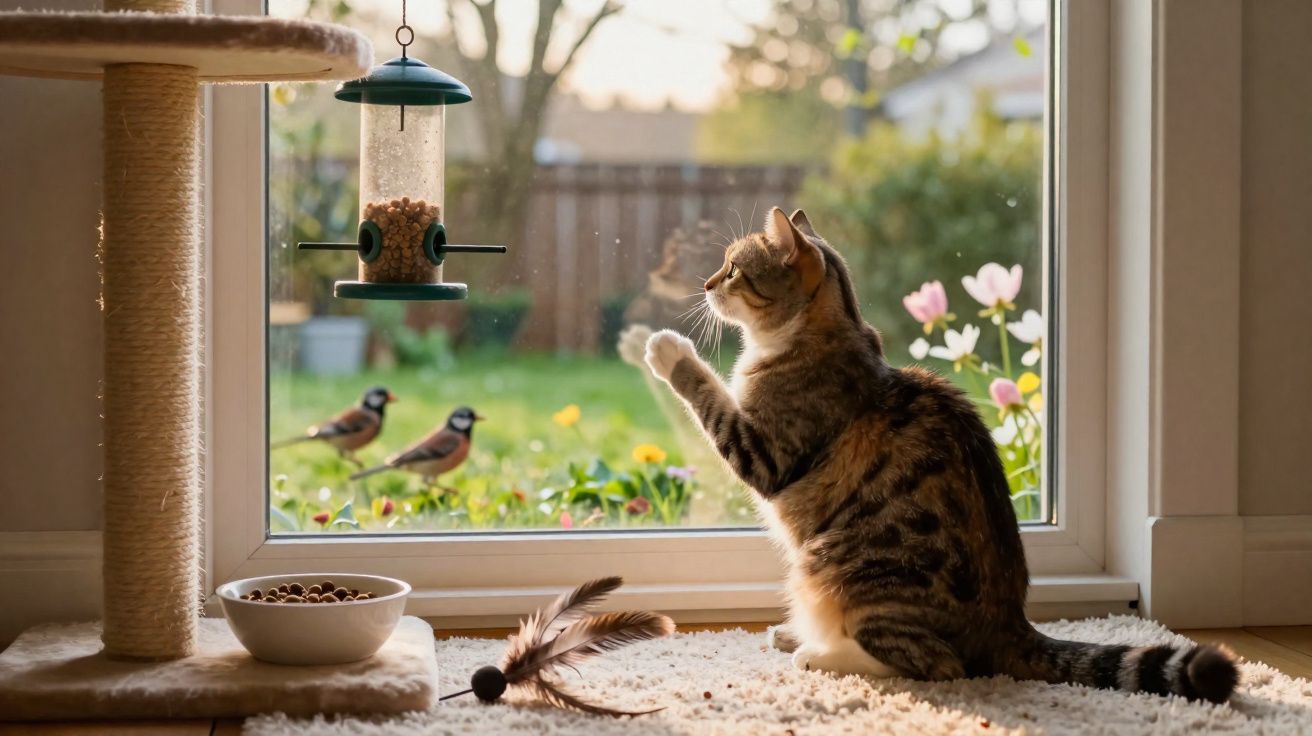 Gato sentado junto a la ventana observando un comedero con semillas y dos pájaros en el jardín.