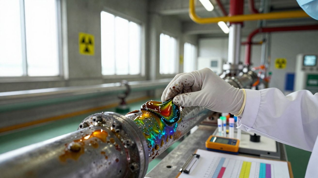Mano con guante aplica líquido iridiscente en tubería metálica en laboratorio industrial con equipo y gráficos.