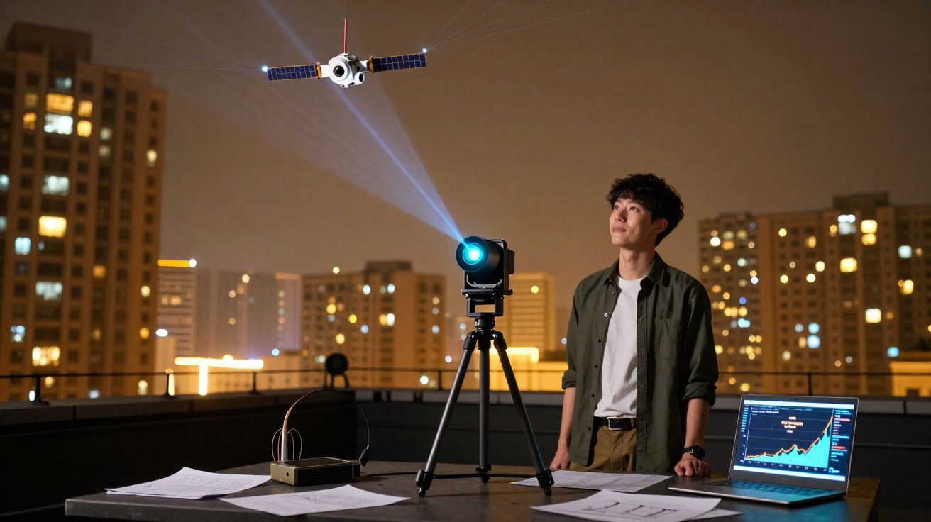 Hombre observando un proyector que emite luz hacia un satélite con gráficos y documentos sobre una mesa en azotea nocturna.
