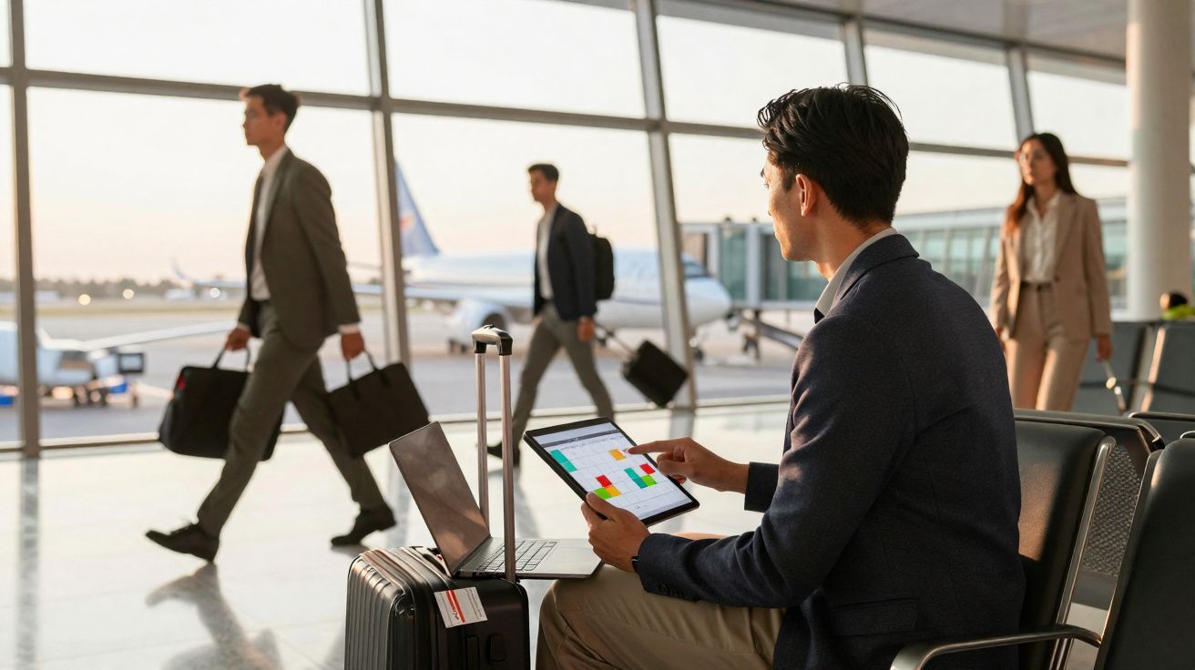 Hombre con traje usando una tablet sentado en sala de espera del aeropuerto con maleta y portátil.