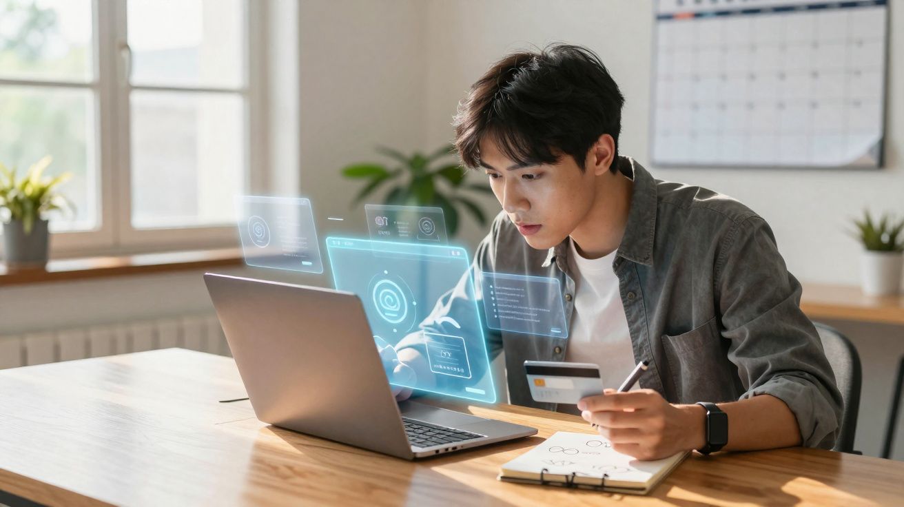 Joven concentrado usando un portátil con hologramas digitales y una tarjeta de crédito en una oficina luminosa.