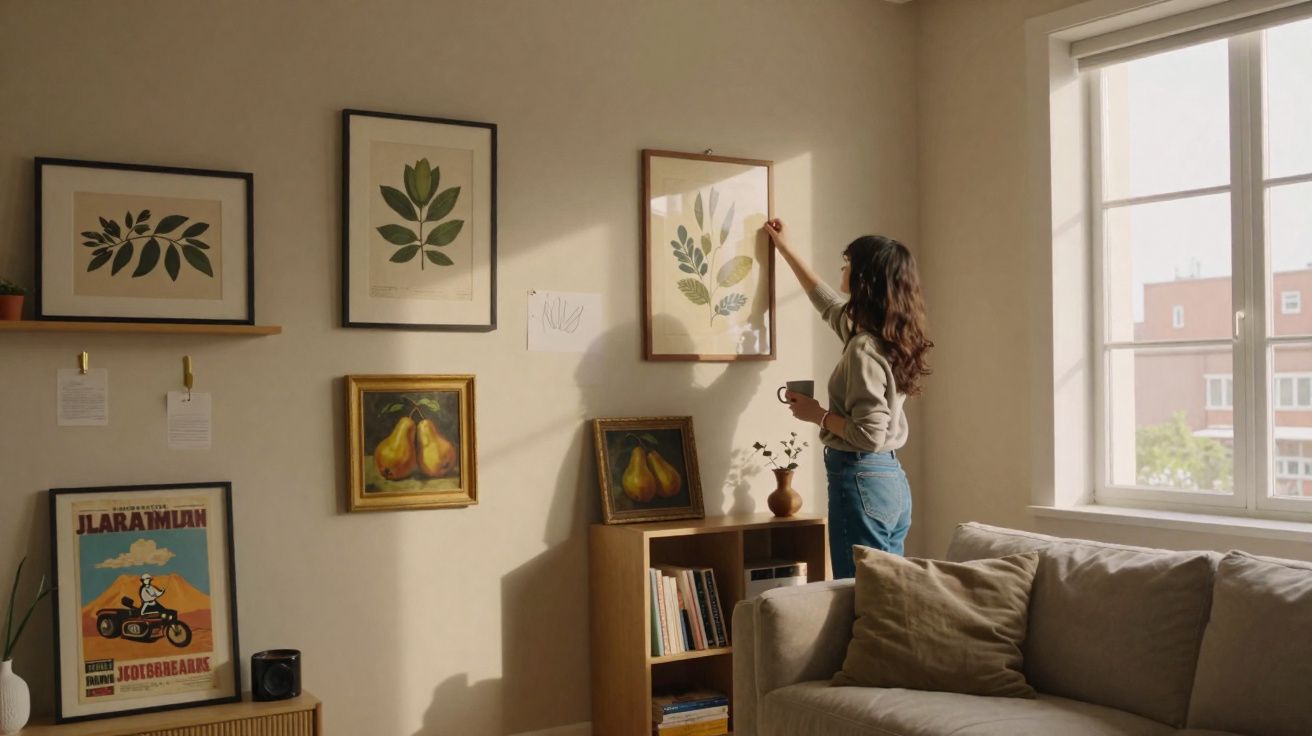 Mujer colgando un cuadro de plantas mientras sostiene una taza en una sala luminosa con sofá y estantería.