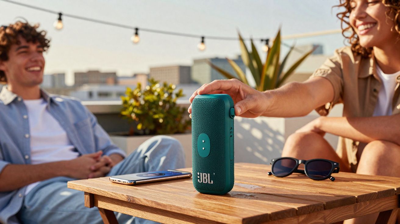 Dos personas sonrientes junto a una mesa con un altavoz JBL y gafas de sol en una terraza al aire libre.