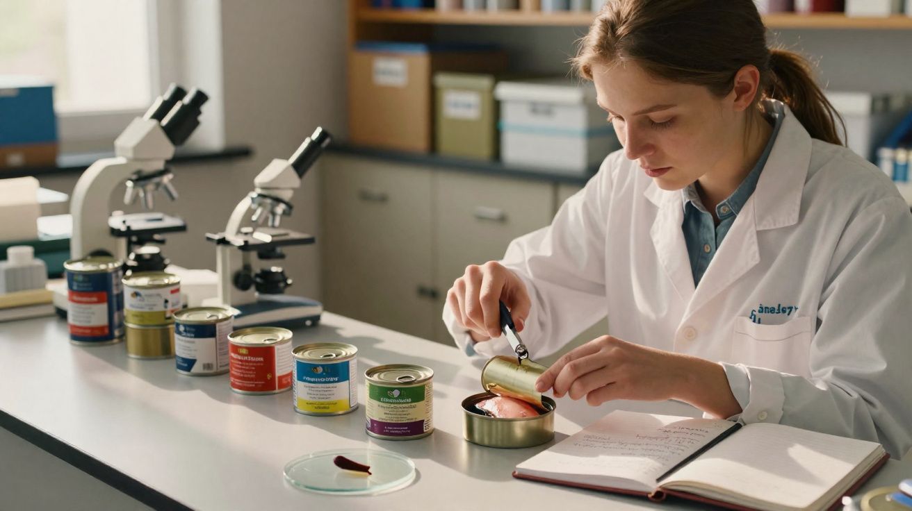 Investigadora en laboratorio analiza muestras de alimentos enlatados usando lupa y toma notas.
