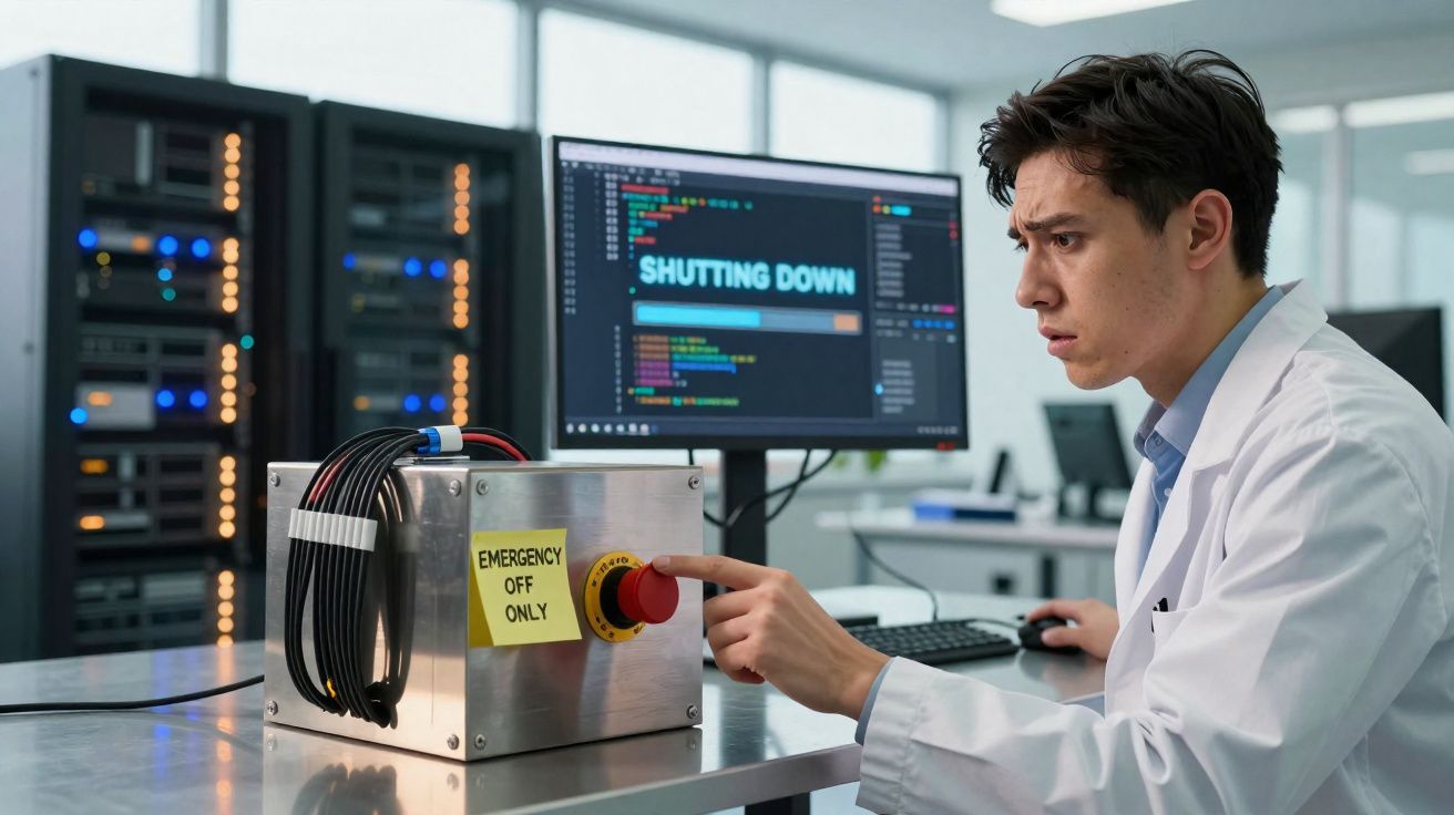 Hombre en bata blanca presionando botón de emergencia junto a ordenador con pantalla que muestra "Shutting Down".