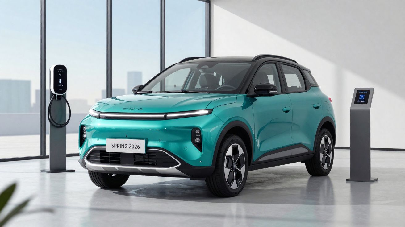 Coche eléctrico moderno color verde azul en estación de carga interior con grandes ventanales y suelo gris.