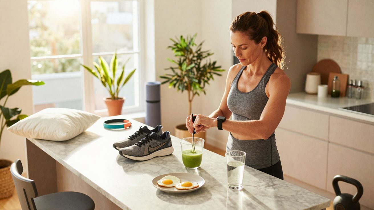 Mujer con ropa deportiva preparando un batido verde en una cocina luminosa junto a dos huevos y agua.