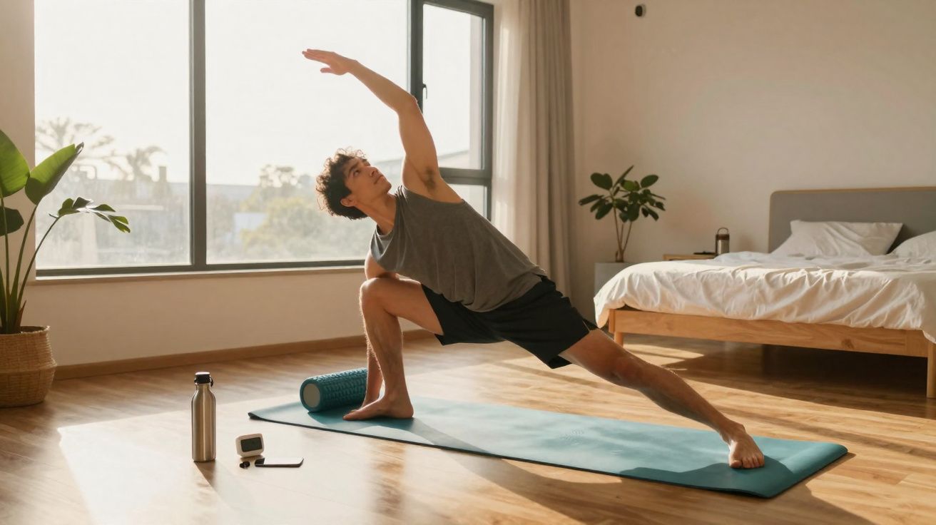 Hombre haciendo estiramientos de yoga en una habitación luminosa con ventana grande y planta decorativa.