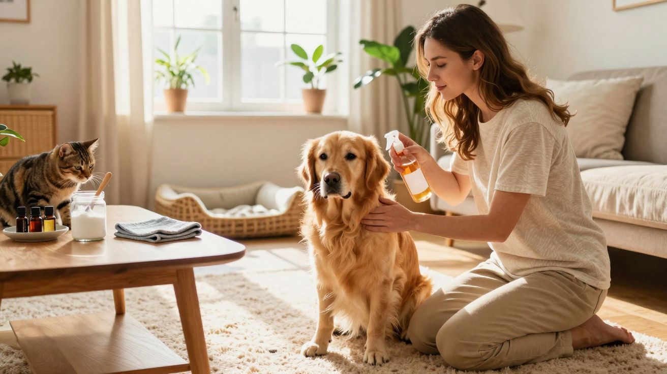 Mujer aplicando spray a un perro golden retriever mientras un gato observa en salón luminoso y acogedor.