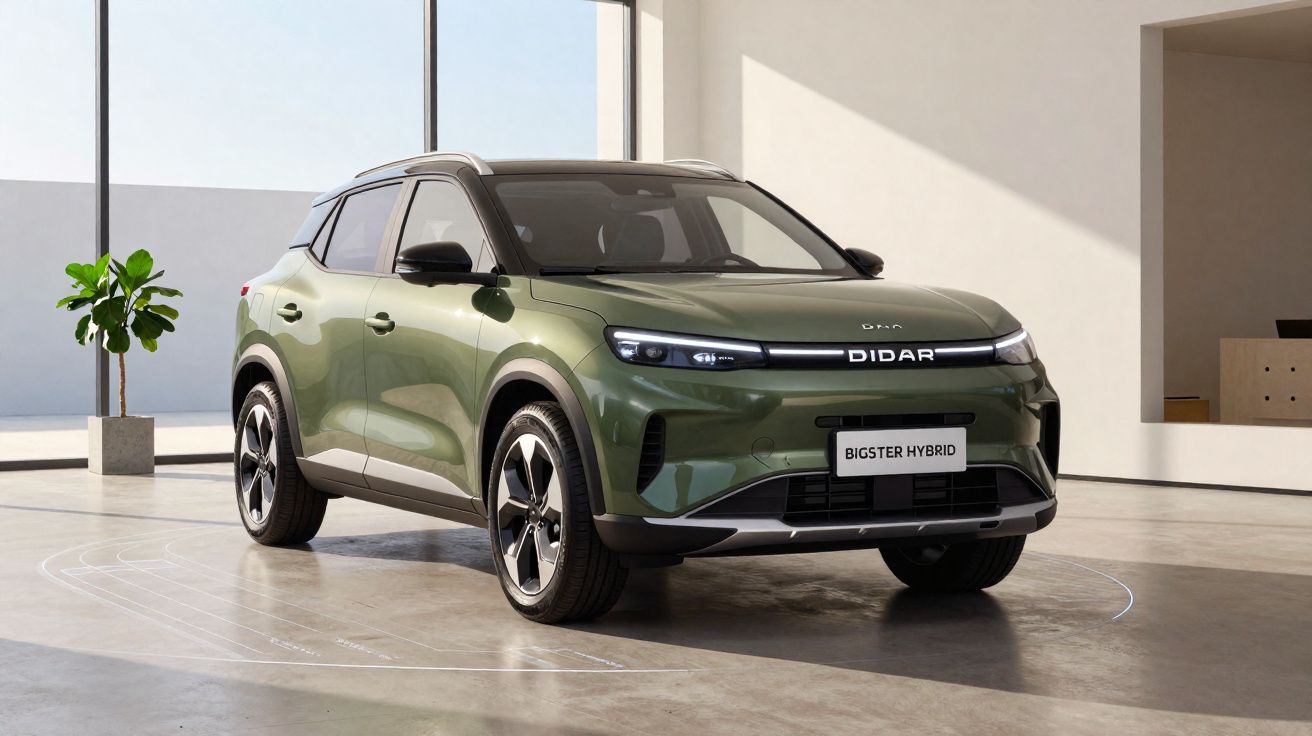 SUV híbrido Didar Bigster en color verde estacionado en un interior minimalista y luminoso.