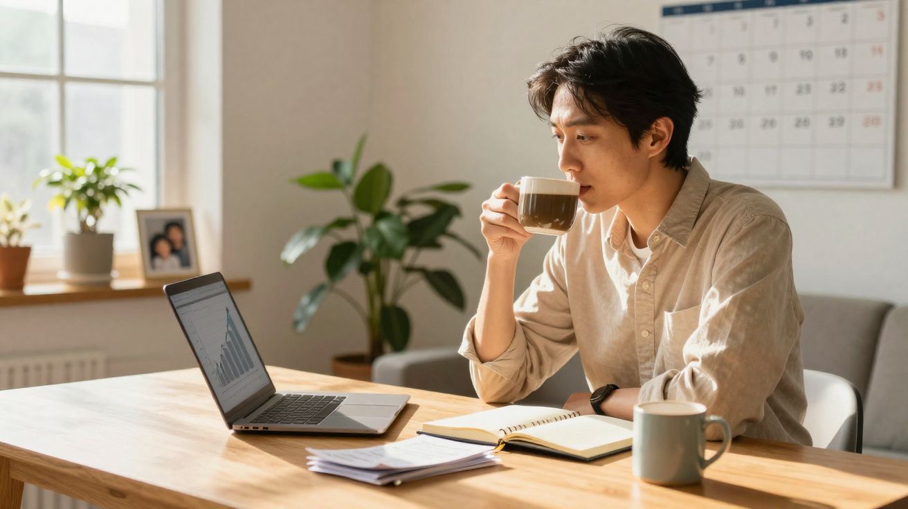 Joven concentrado trabajando en portátil con gráficos, bebiendo café en mesa de madera con plantas y calendario.