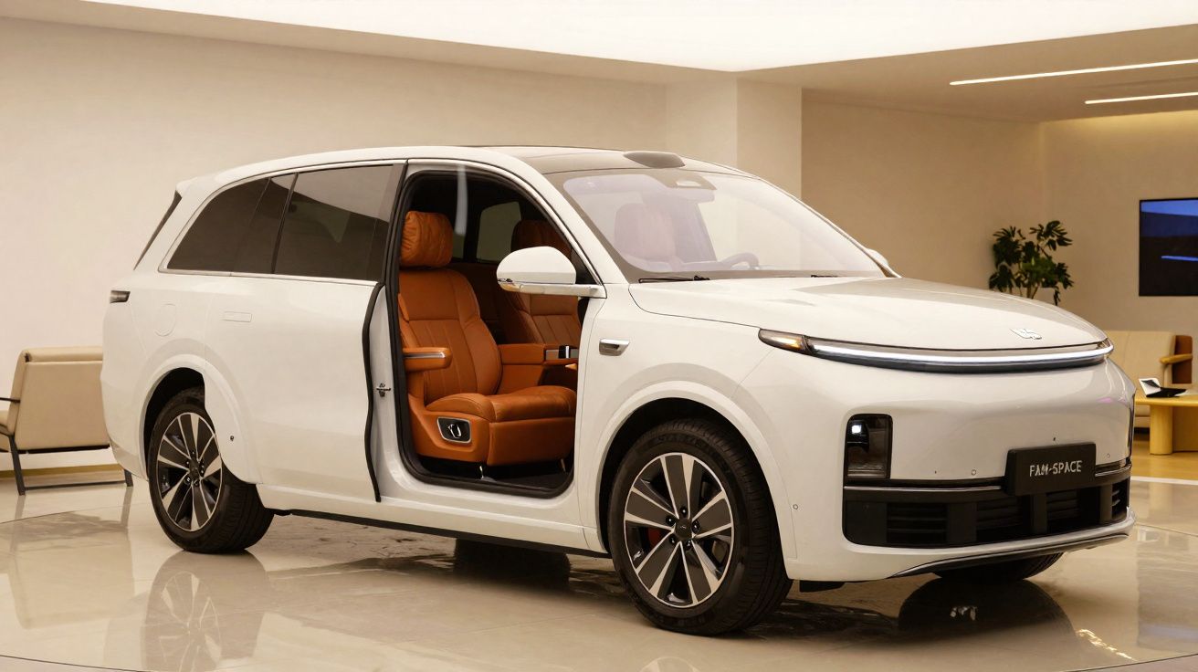 Vehículo eléctrico blanco con puerta corredera abierta que muestra asiento de cuero marrón en showroom moderno.