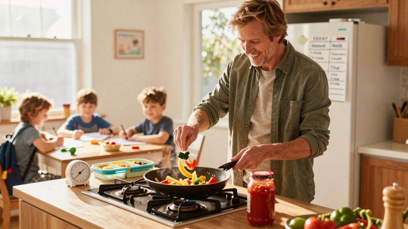 Hombre cocinando verduras en sartén mientras tres niños dibujan en una mesa al fondo de la cocina.