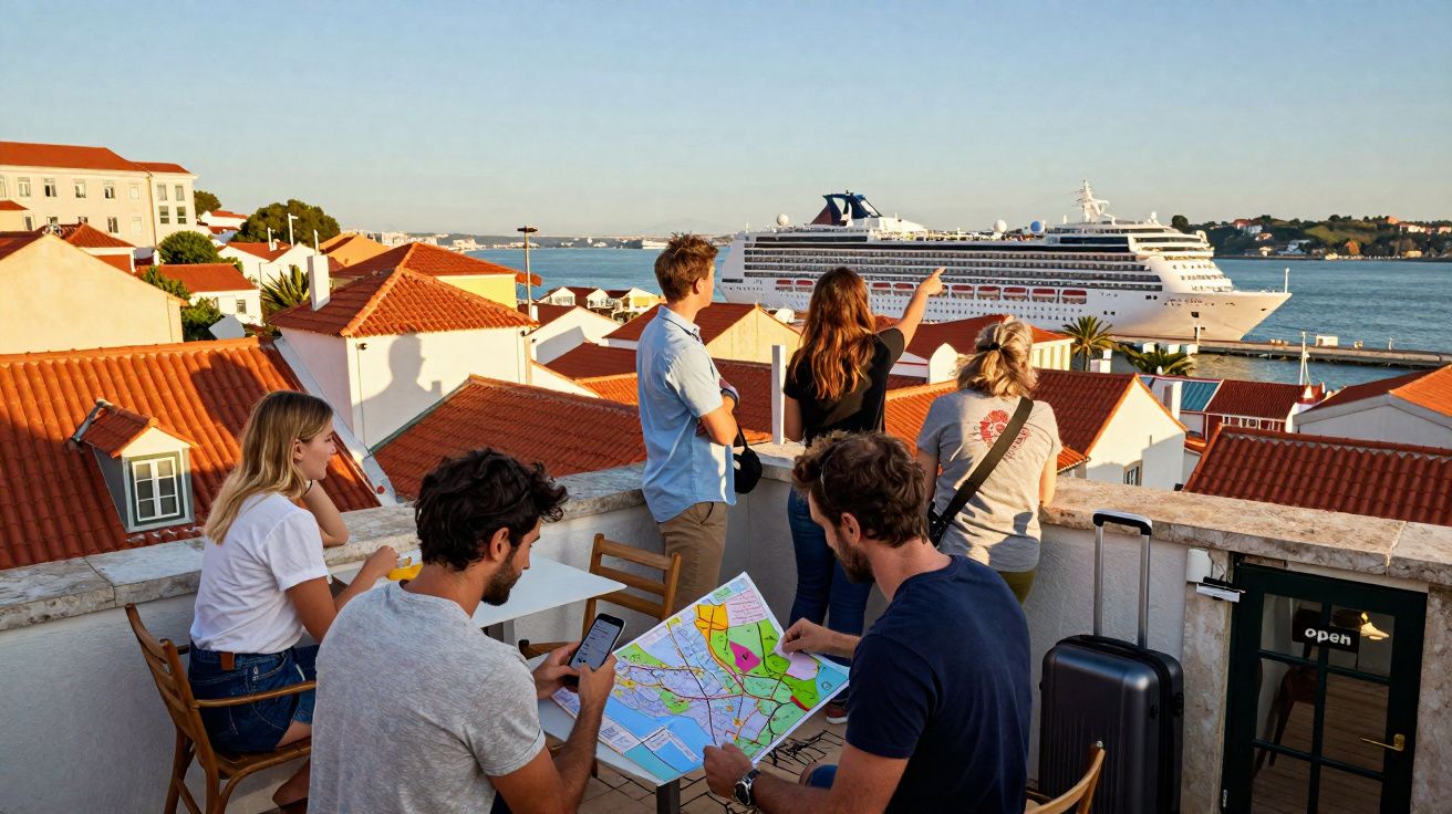Grupo de jóvenes en terraza con mapa y móvil, vistas a un crucero y casas con tejados rojos junto al mar.