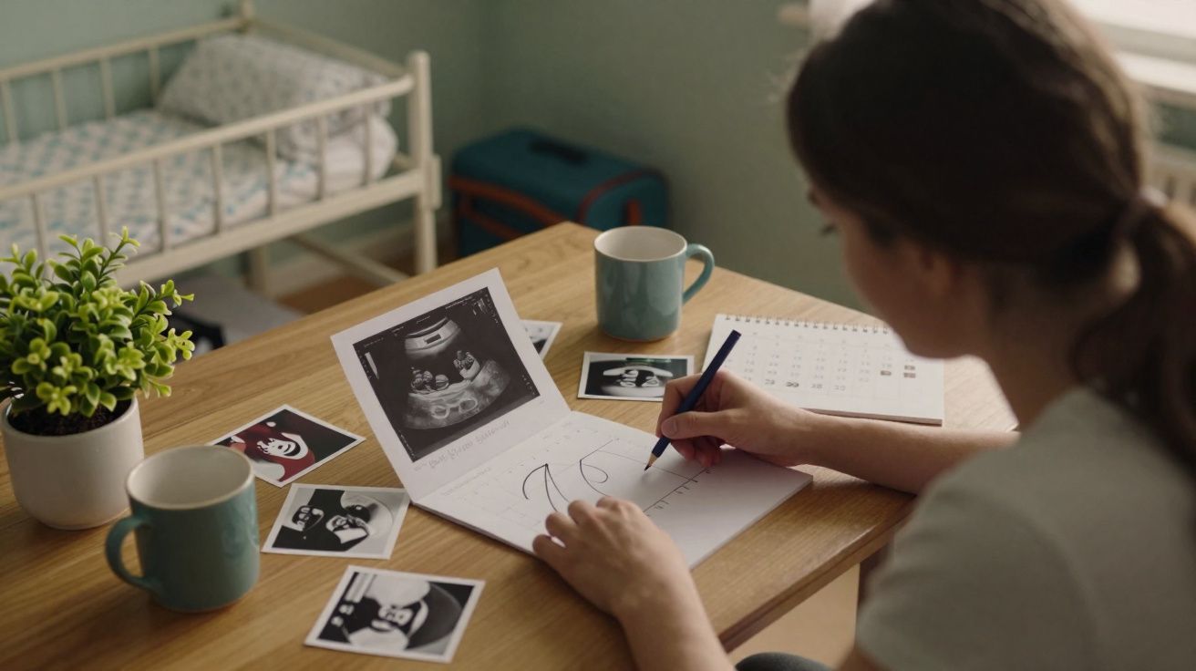Mujer escribiendo en cuaderno junto a ecografías y tazas sobre mesa de madera en habitación infantil.
