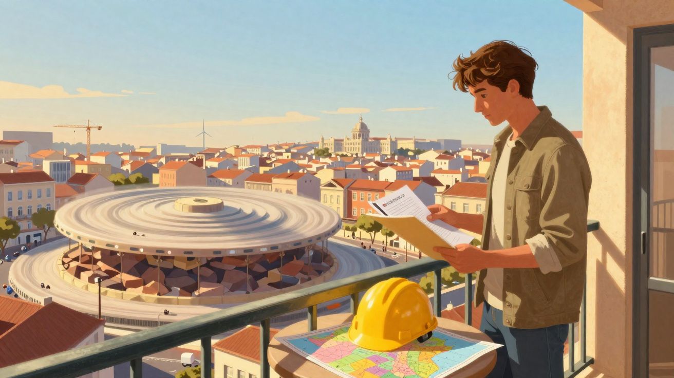 Joven revisa documentos en balcón con casco y plano, con vistas a Mercado de Colón y ciudad al fondo.