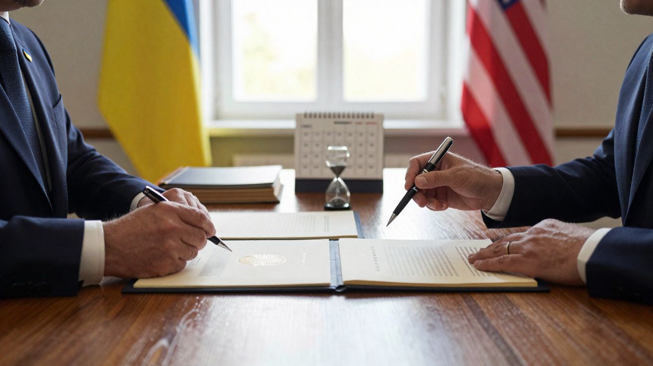 Dos personas firmando documentos oficiales frente a las banderas de Ucrania y Estados Unidos.