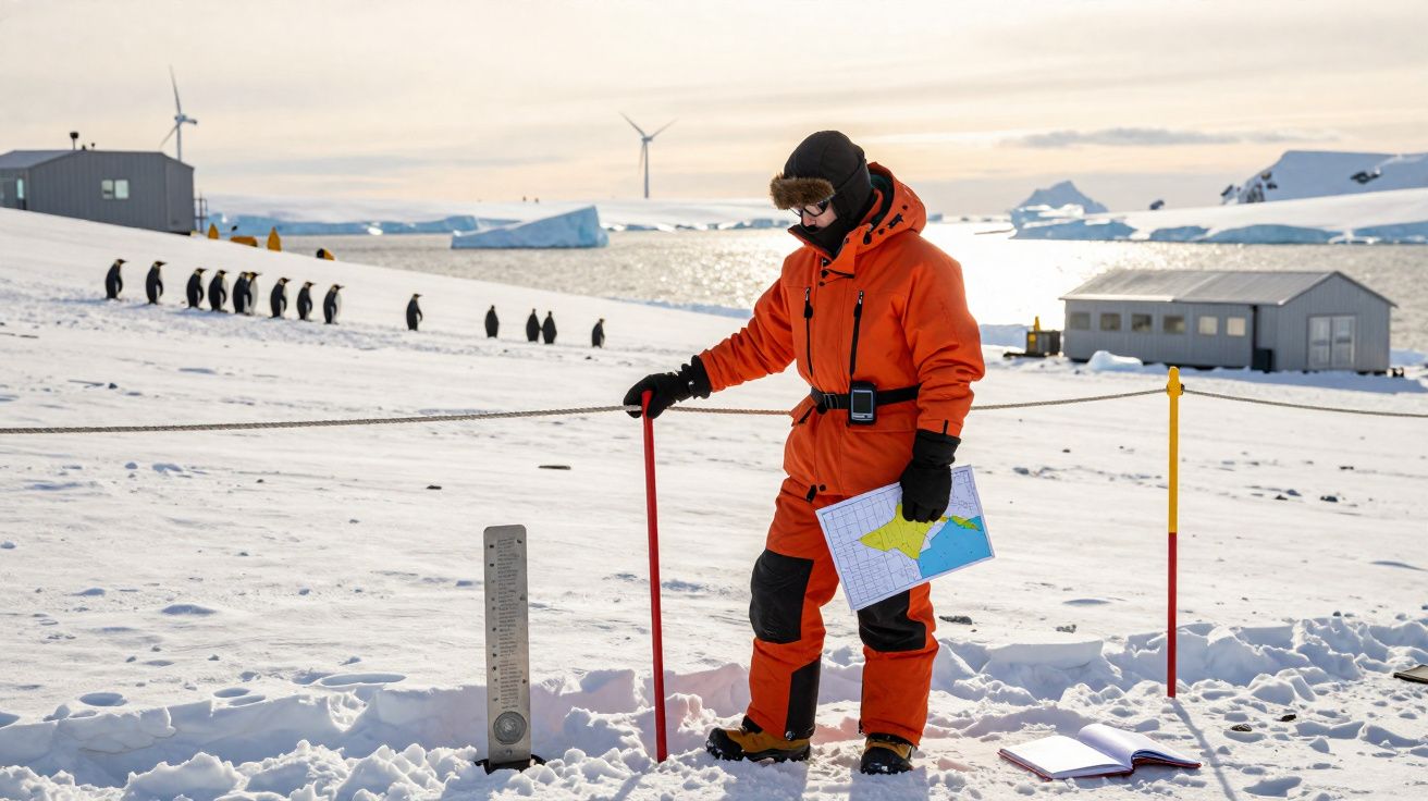 Investigador con traje naranja en la nieve con mapa, medición y pingüinos al fondo en zona ártica.