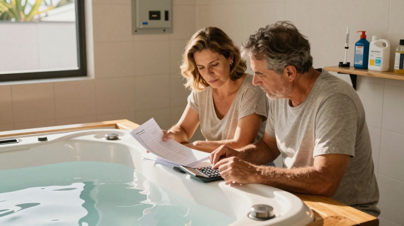 Pareja revisando documentos y calculadora junto a una bañera de hidromasaje en un entorno hogareño.