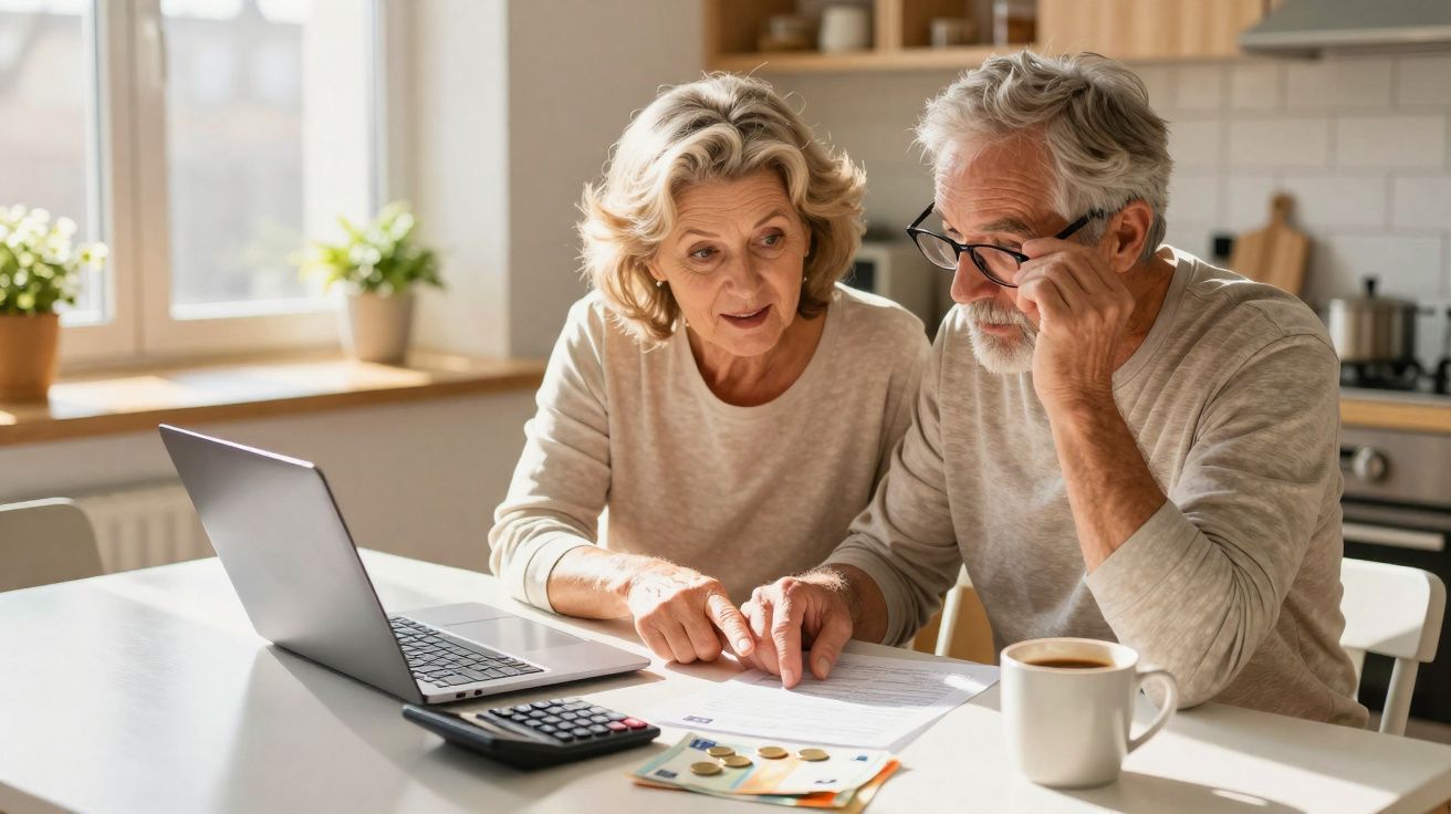Pareja mayor revisando documentos y cálculos con portátil, calculadora y monedas en la mesa.