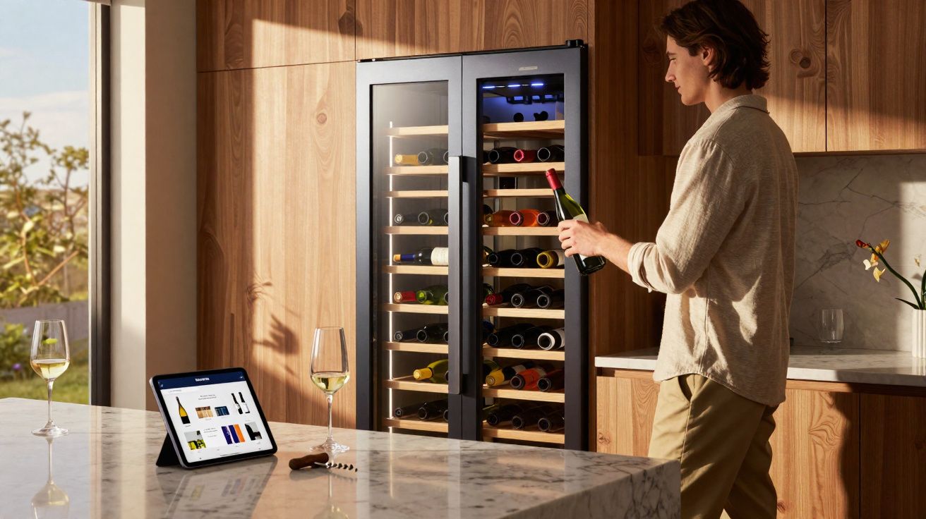 Hombre sacando botella de vino de nevera de vinos en cocina con luz natural y tablet sobre encimera.