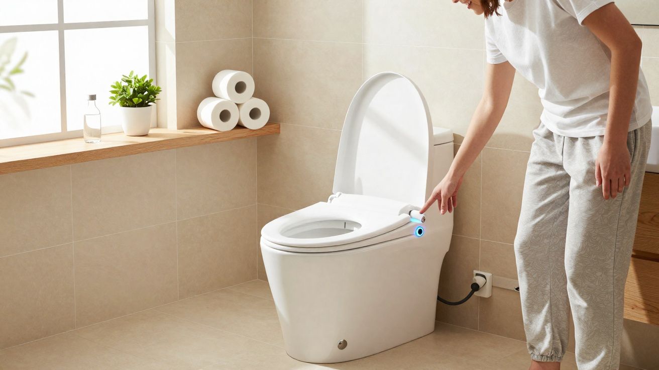 Persona activando un inodoro inteligente blanco en un baño moderno con luz natural.