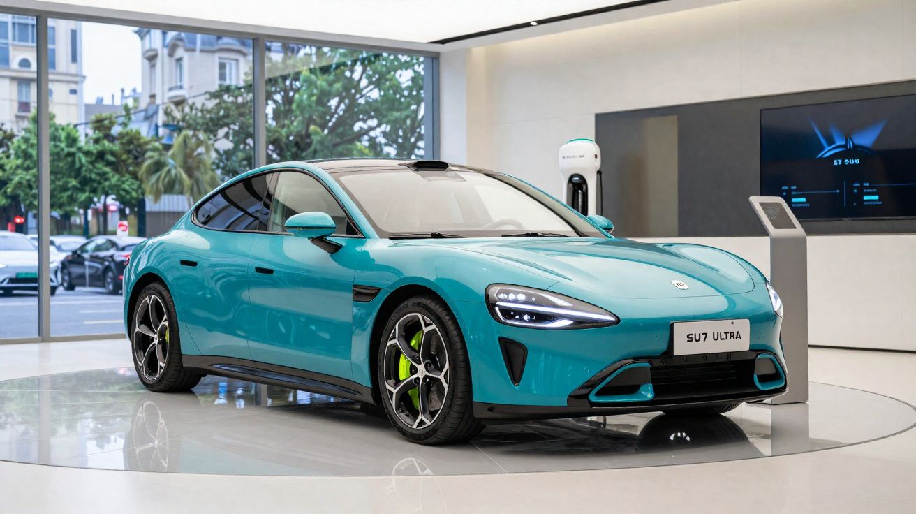 Coche eléctrico azul brillante con diseño deportivo y detalles en verde, expuesto en sala moderna con ventanales grandes.