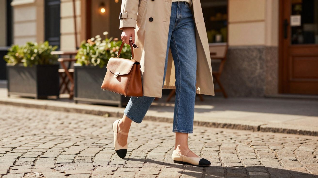Persona caminando por calle empedrada con trench beige, vaqueros y zapatos bicolor, llevando bolso marrón.