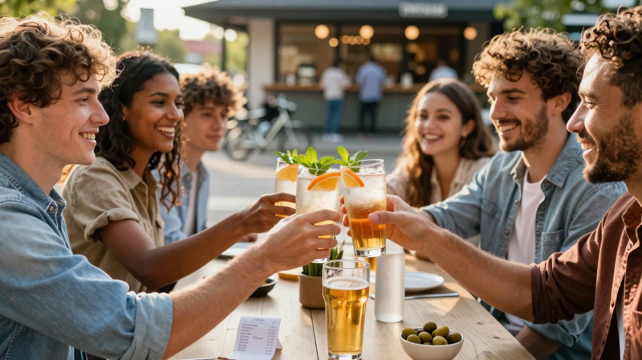 Grupo de seis amigos brindando con bebidas en una terraza al aire libre al atardecer.