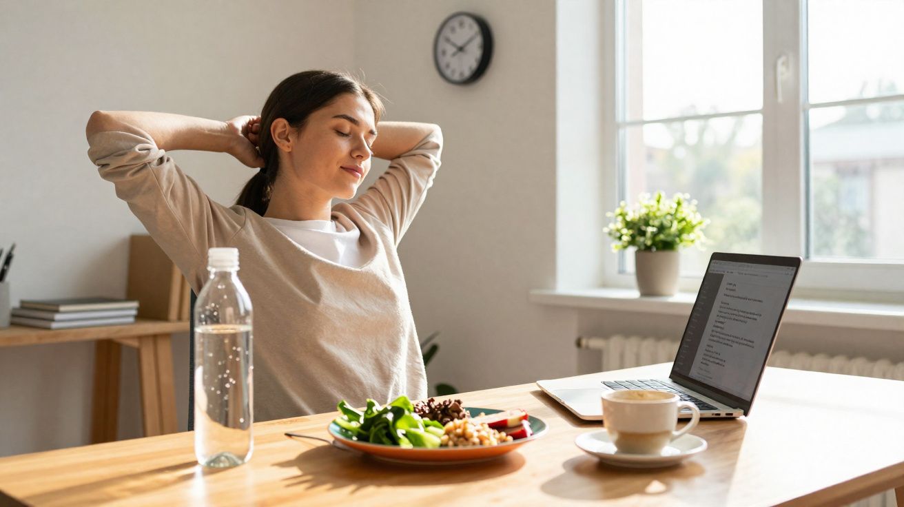 Mujer sentada en una mesa, relajándose con los ojos cerrados junto a un plato de comida, botella de agua y portátil.