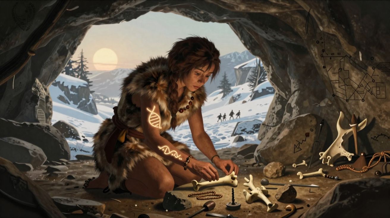 Mujer prehistórica en una cueva con huesos y herramientas, con símbolos de ADN brillando en su brazo.