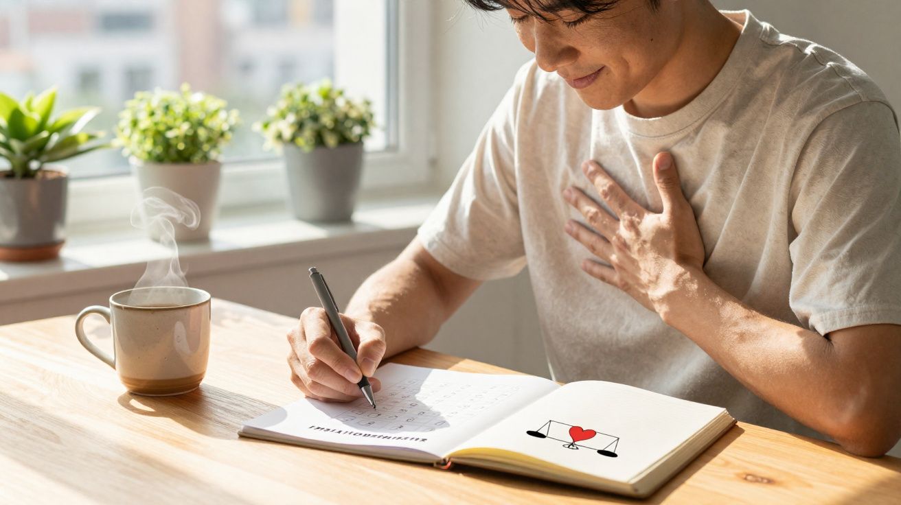 Persona escribiendo en una libreta con dibujo de balanza y corazón, junto a una taza de café humeante.