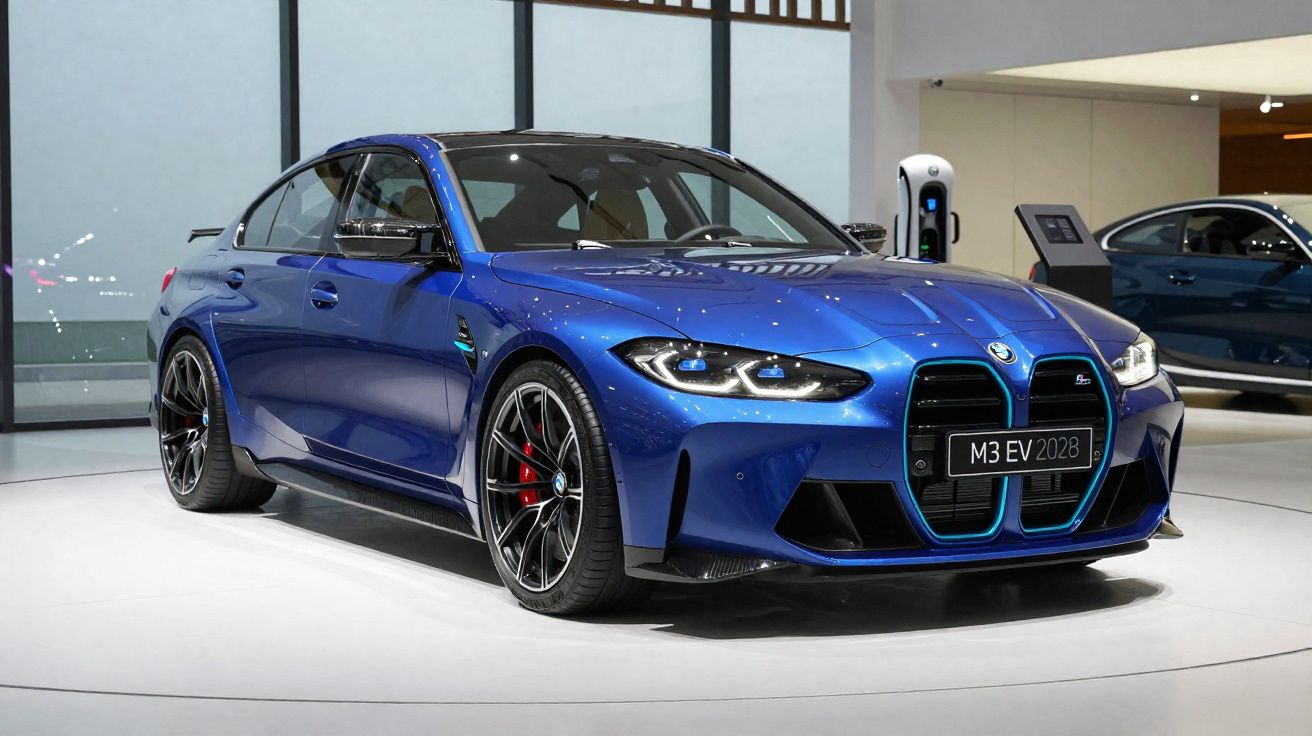 Coche deportivo eléctrico azul BMW M3 EV 2028 en exposición interior con carga eléctrica.