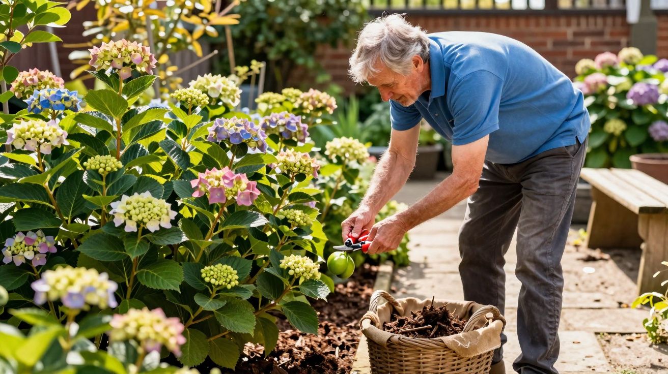 Hombre mayor recogiendo manzanas verdes en su jardín junto a flores de hortensia en macetas y cesta de mimbre.