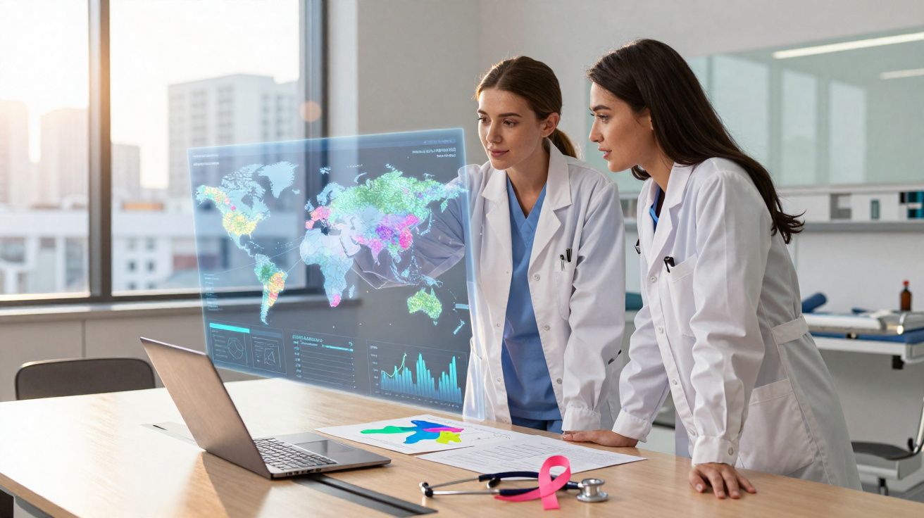 Dos médicas analizan datos globales de salud proyectados en un holograma sobre un portátil en una consulta.
