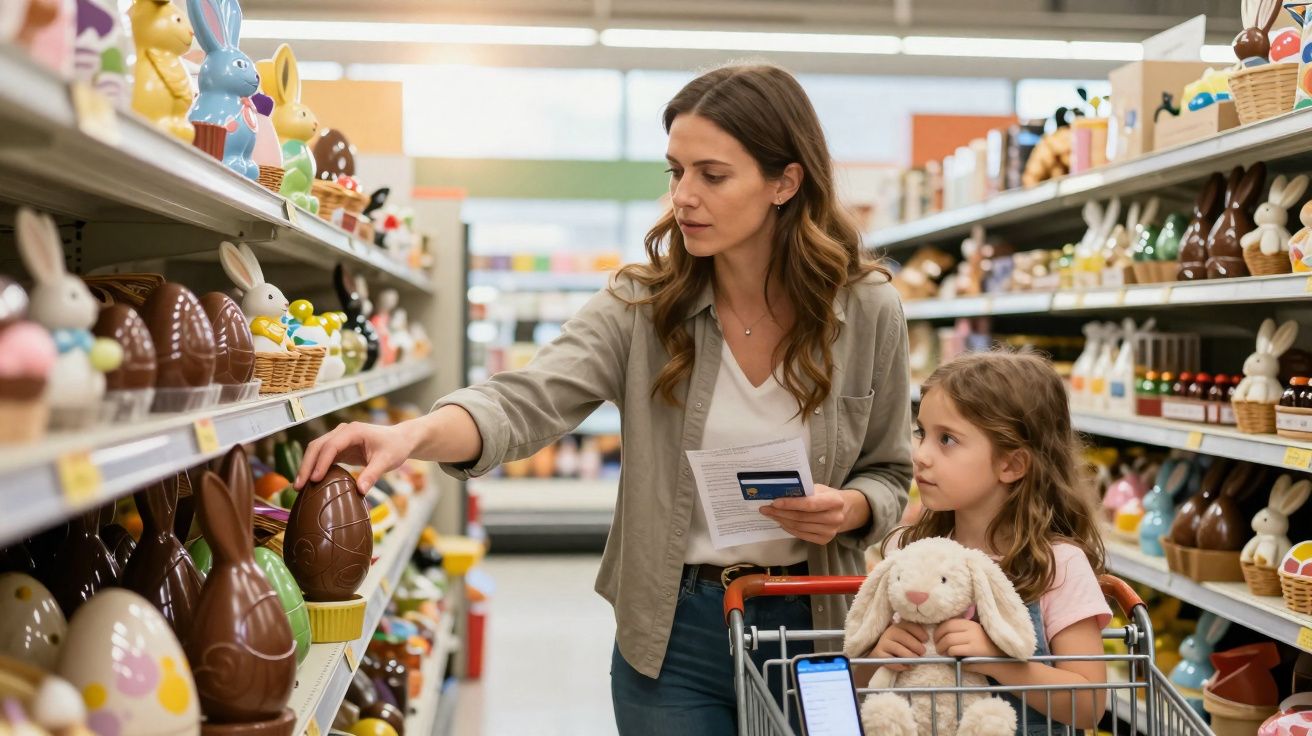 Mujer con niña eligiendo huevos de Pascua de chocolate en supermercado con carrito lleno y peluche.