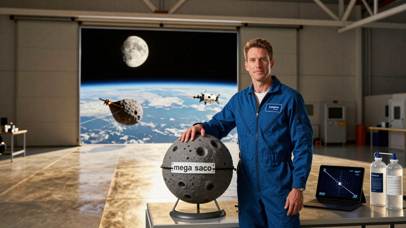 Hombre con mono azul en hangar junto a maquetas de satélites y pantalla con vista a la Tierra y la Luna.
