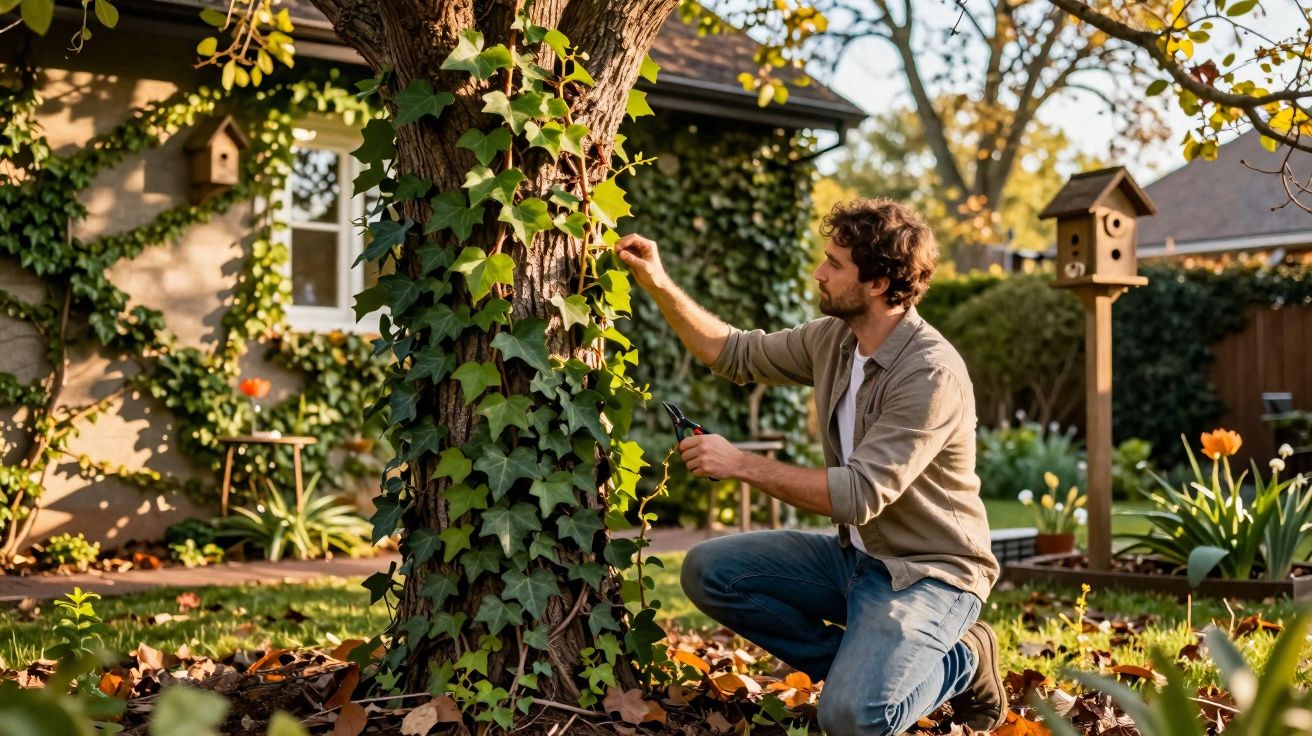 Hombre podando hiedra en un árbol del jardín de una casa durante el atardecer.