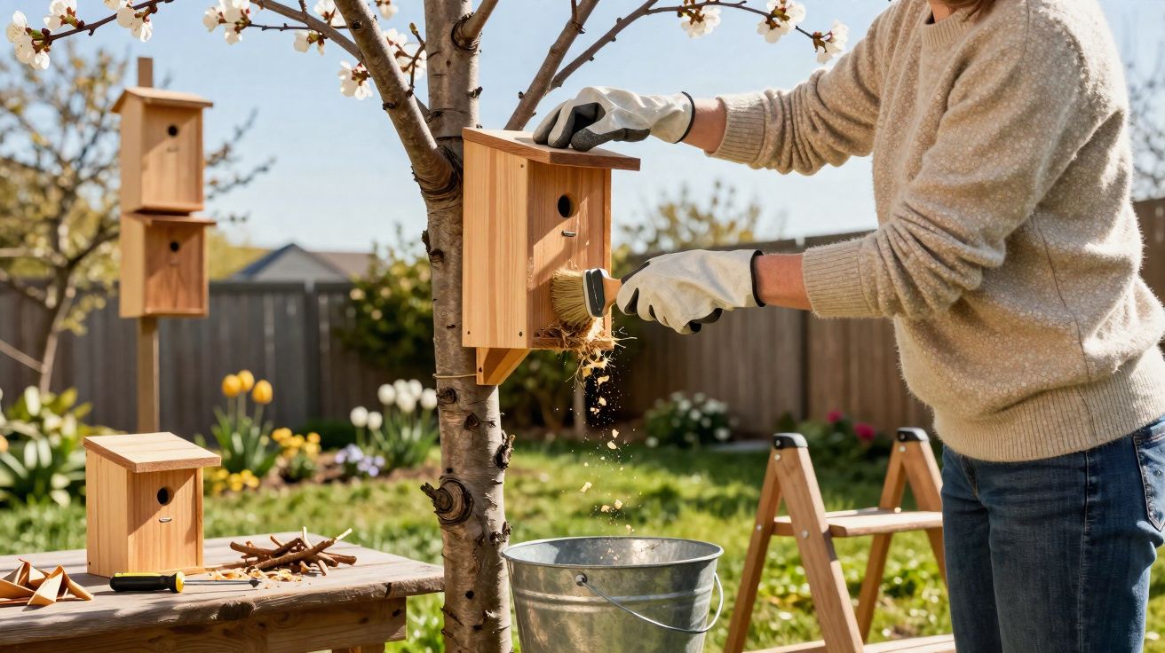 Persona limpiando una caseta de pájaros de madera en un árbol en un jardín soleado.